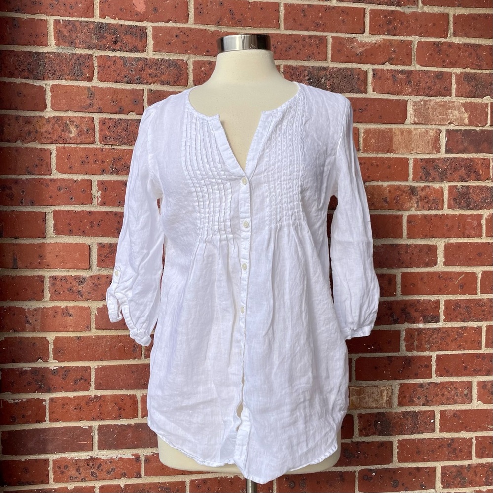 Marks & Spencer White Linen Popover Bibbed Shirt Top Blouse Medium 3/4 Sleeve